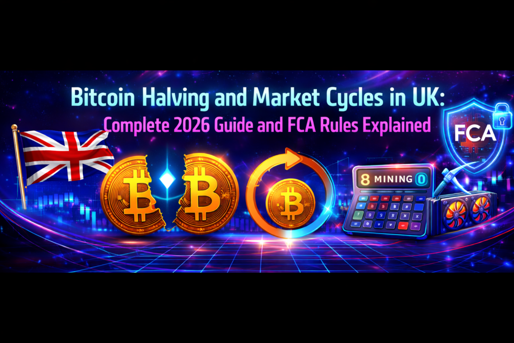 Bitcoin halving and market cycles in UK 2026 banner showing QDay Crypto Threat with FCA rules, Cardano and Bitcoin symbols in neon futuristic design”