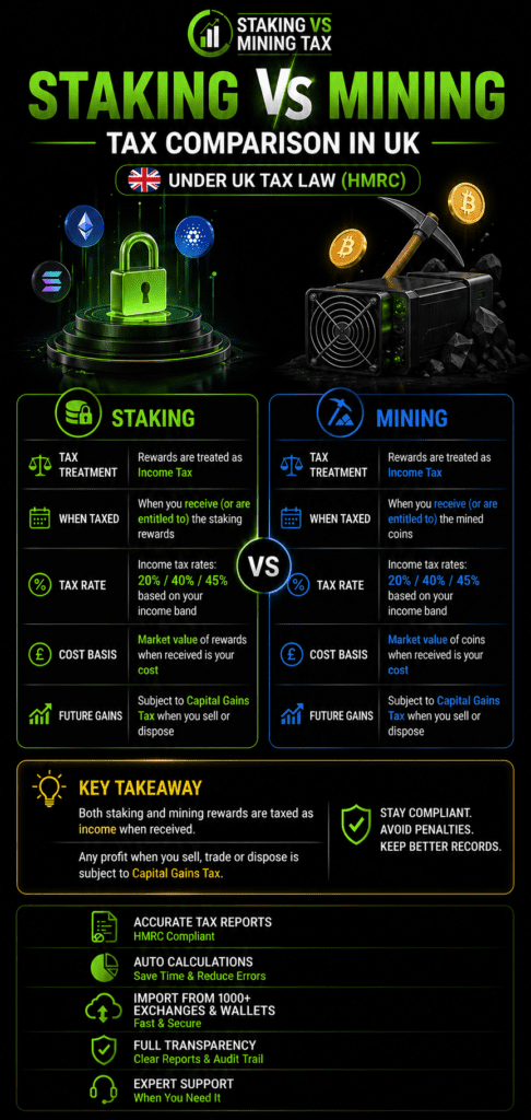 Staking vs Mining Tax Comparison UK (2026): HMRC Rules Explained