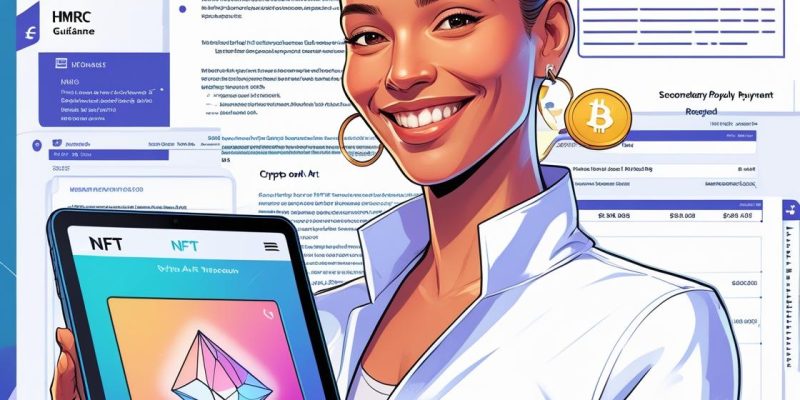 Professional illustration of an artist selling NFT art with a secondary royalty payment going to their wallet, HMRC guidance documents in the background, futuristic crypto tax theme.” Professional illustration showing NFT and DeFi tax reporting UK with HMRC NFT tax guidance, highlighting staking tax UK, airdrop tax UK, and UK VAT rules for NFTs place of supply, symbolizing compliance with crypto regulations.