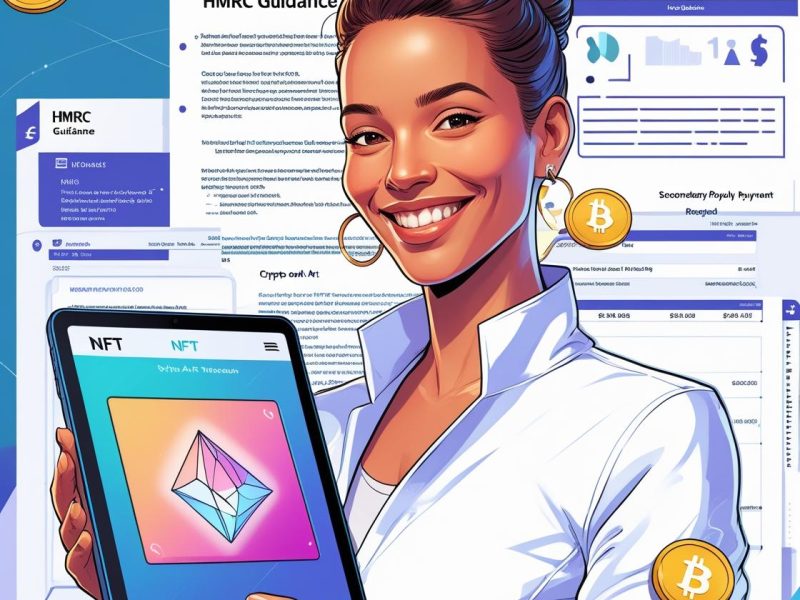 Professional illustration showing NFT and DeFi tax reporting UK with HMRC NFT tax guidance, highlighting staking tax UK, airdrop tax UK, and UK VAT rules for NFTs place of supply, symbolizing compliance with crypto regulations.