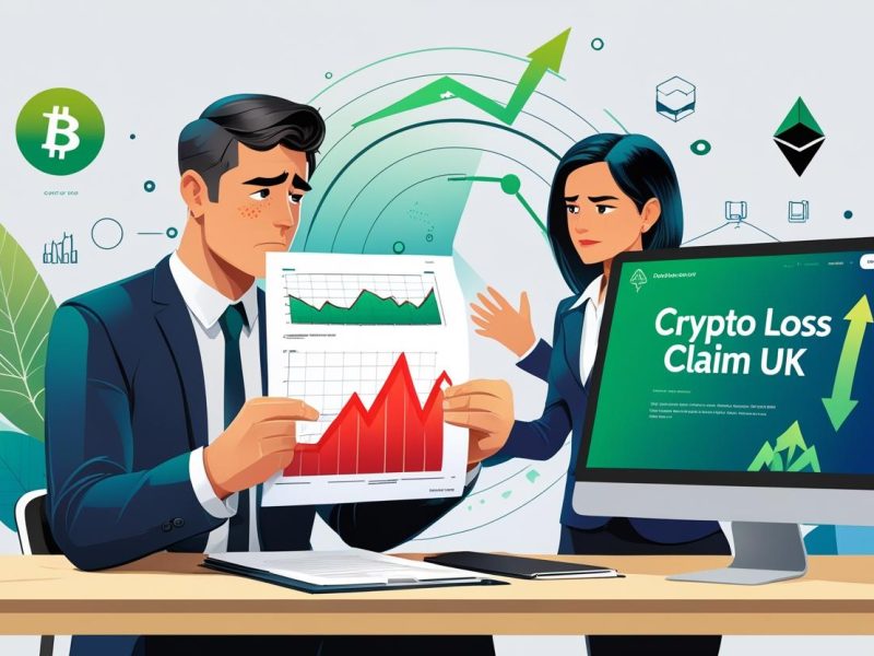 Crypto loss claim UK illustration showing investor and advisor discussing how to claim crypto losses on taxes UK with charts and HMRC guidance.
