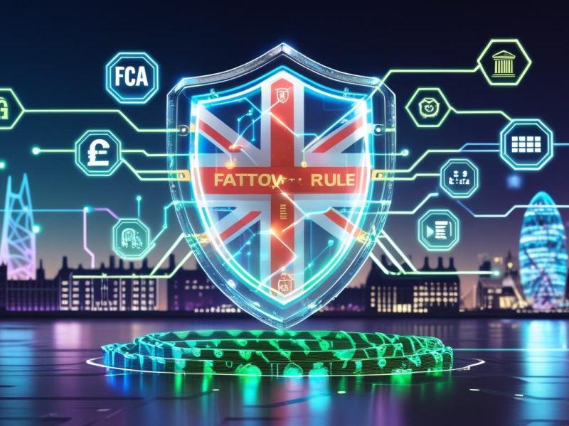 fatf Futuristic digital shield with blockchain data and London skyline symbolizing crypto compliance FATF UK with AML regulations, FATF Travel Rule, and FCA crypto AML registration